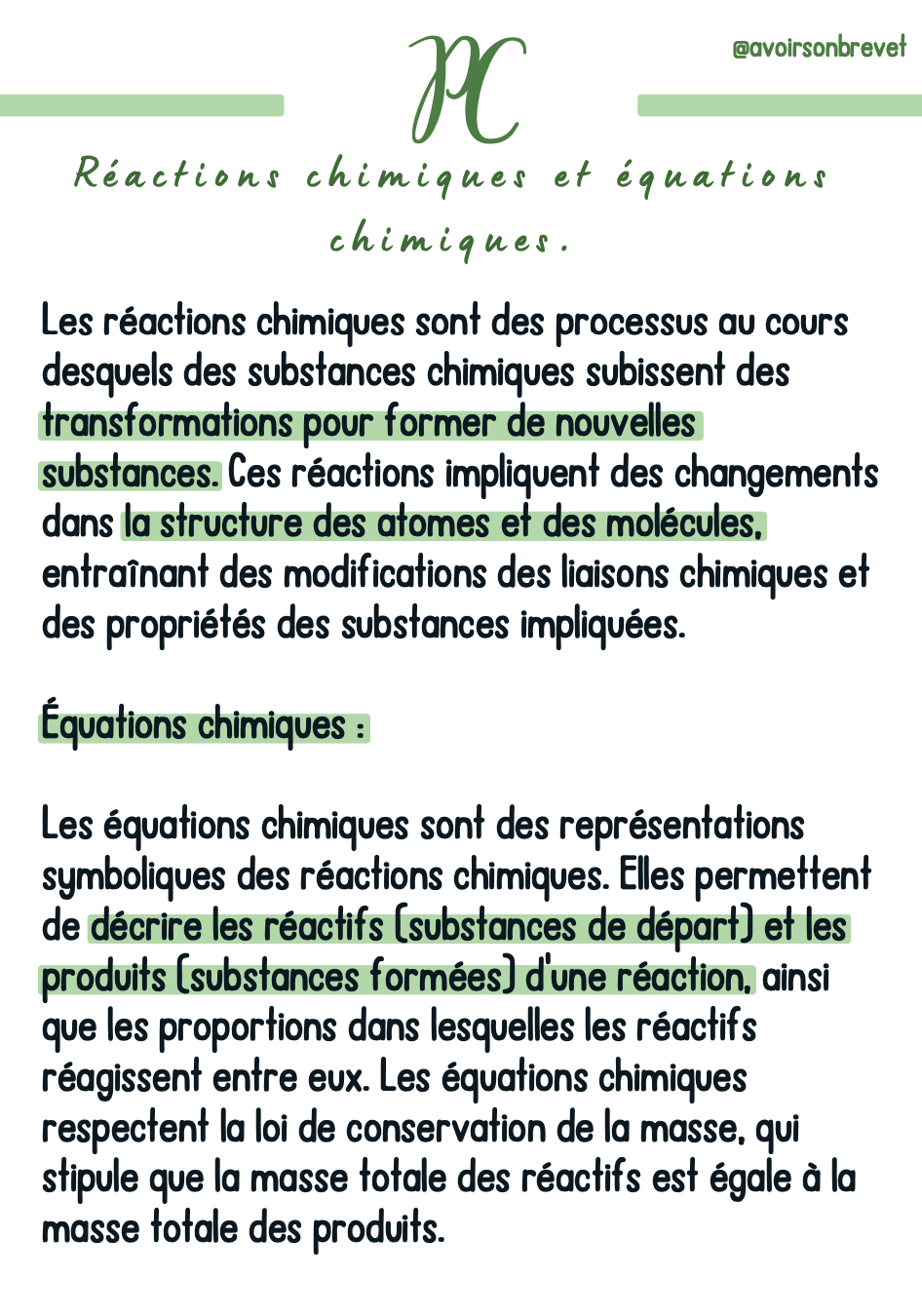Les réactions chimiques et équations chimiques